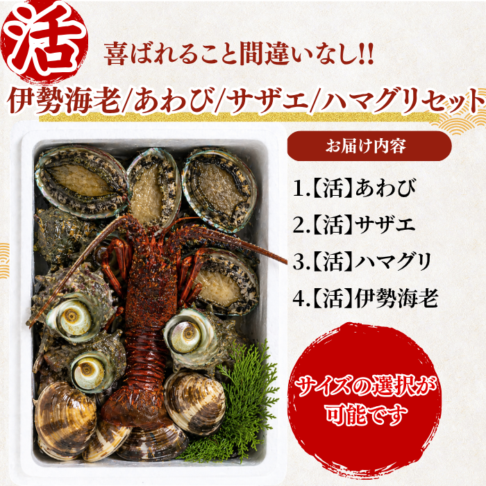 活き 伊勢海老・あわび・サザエ・ハマグリセット お届け内容
