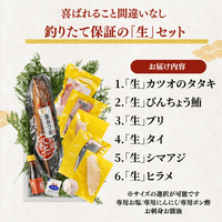 【お刺身セット6種】生カツオのタタキ(1節 or 半節)+ビンチョウマグロ/ブリ/タイ/シマアジ/ヒラメ(各柵150g)