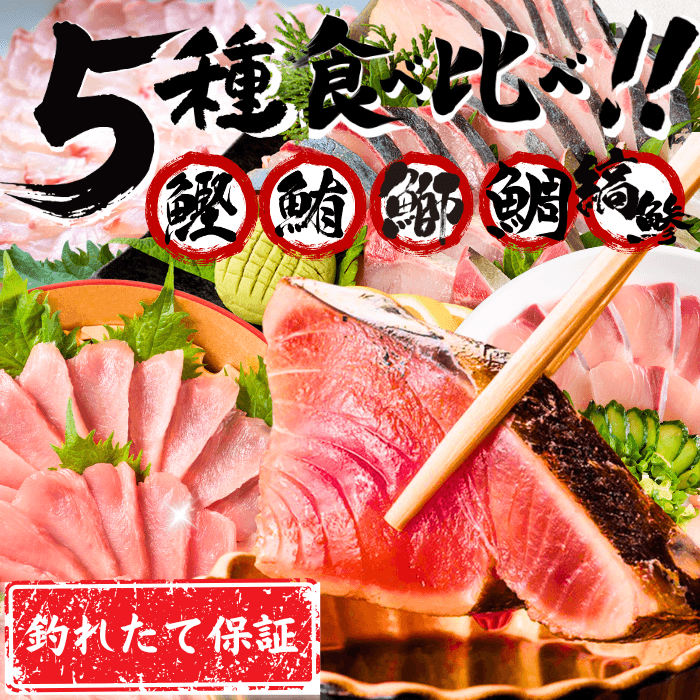 【お刺身セット5種】生カツオのタタキ(1節 or 半節)+ビンチョウマグロ/ブリ/タイ/シマアジ(各柵150g)