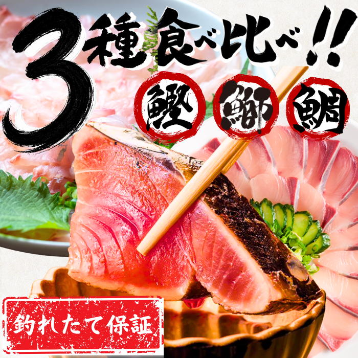 【お刺身セット3種】生カツオのタタキ(1節 or 半節)+ブリ/タイ(各柵150g)