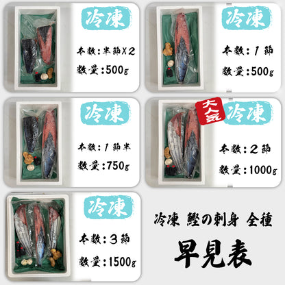 冷凍カツオの刺身　＜本数：半本(×2)〜3本セット　量：500~1500g　目安：2~9人前＞